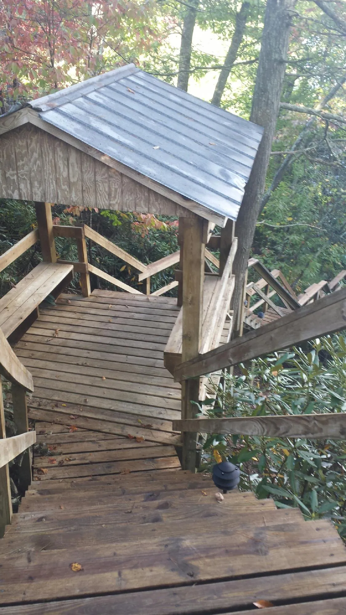 Metal roofed shelter over wooden steps on a wooded walkway — Skylight Repair & Installation work by our crew in Saint Paul Park